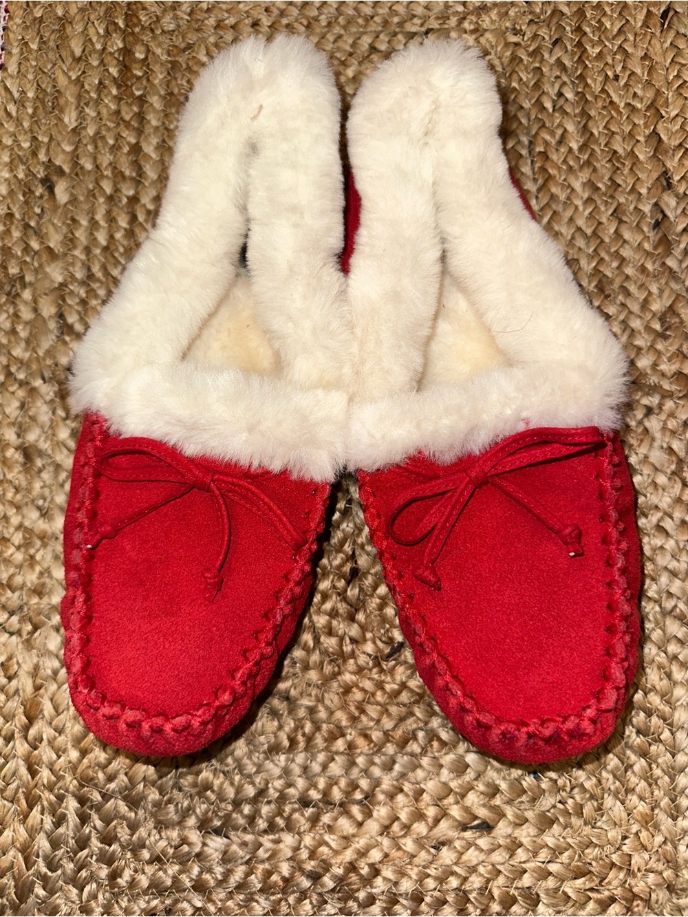 Talbots Ruby Red Suede Leather Faux Fur Lined Moccasin Slippers - 7 -NWOT